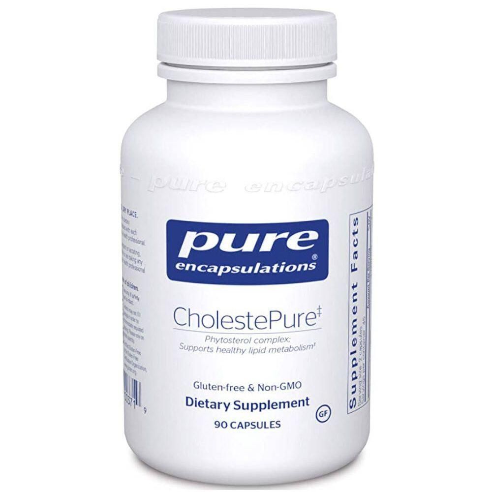 Witte fles met dop. Opschrift: pure encapsulations, CholestePure, voedingssupplement, 90 capsules.