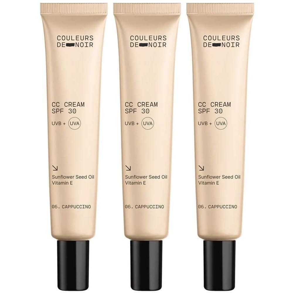 Drie tubes CC Cream. Op elke tube staat: Couleurs de Noir, CC Cream SPF 30, UVB + UVA, 06 Cappuccino.