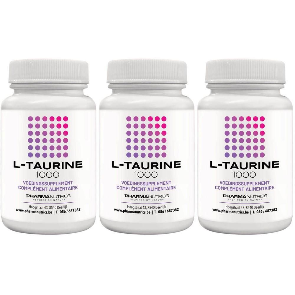 Drie witte flessen met etiketten. Opschrift: L-Taurine 1000, voedingssupplement. Merk: PharmaNutrics.