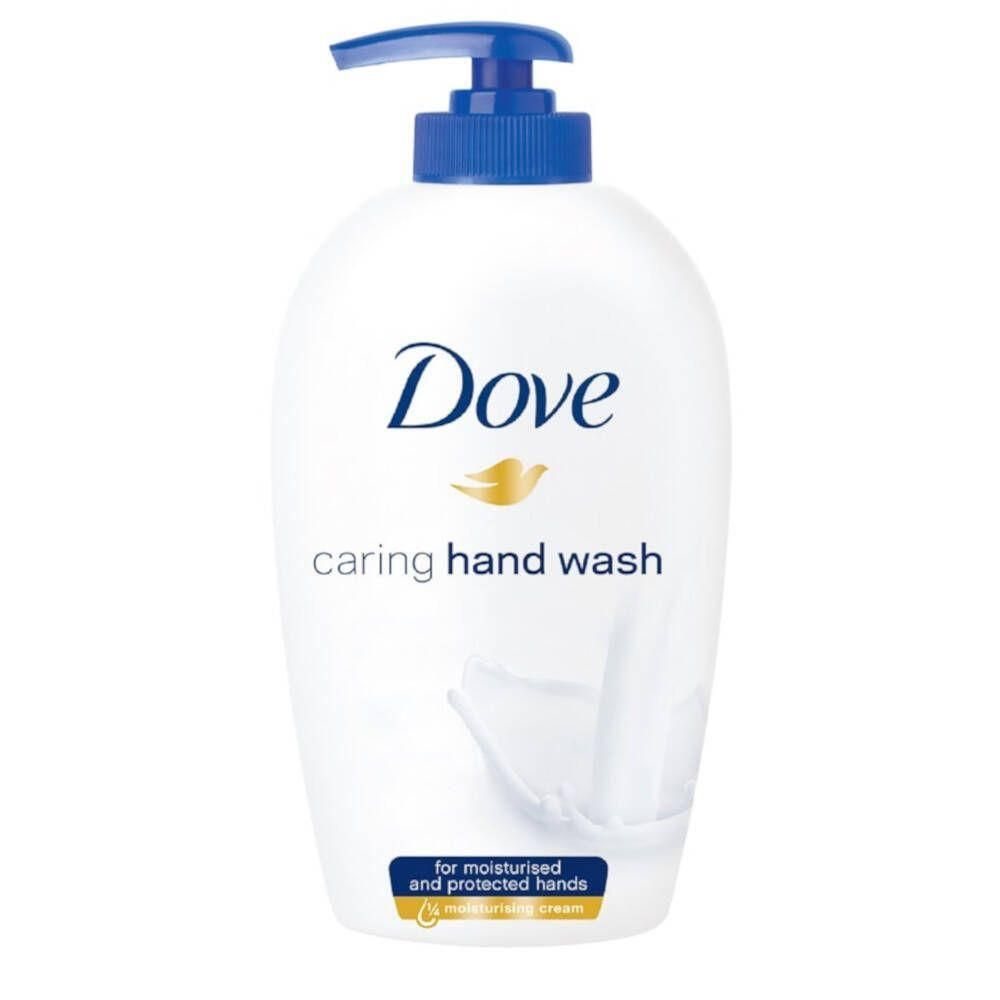 Witte dispenser met blauwe pomp. Opschrift Dove, daaronder "caring hand wash".