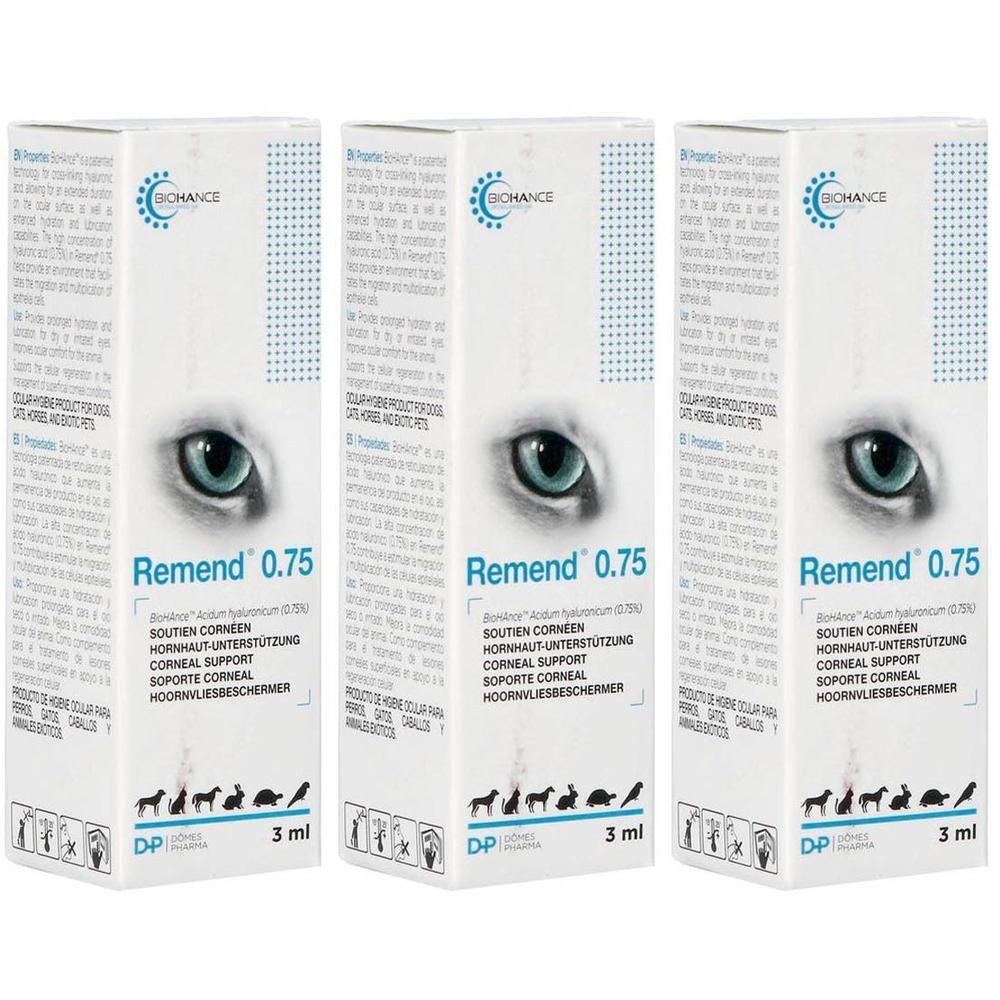 Drie BIOHANCE Remend 0.75 verpakkingen. Witte dozen met productnaam, oogafbeelding en dierenlogo's.