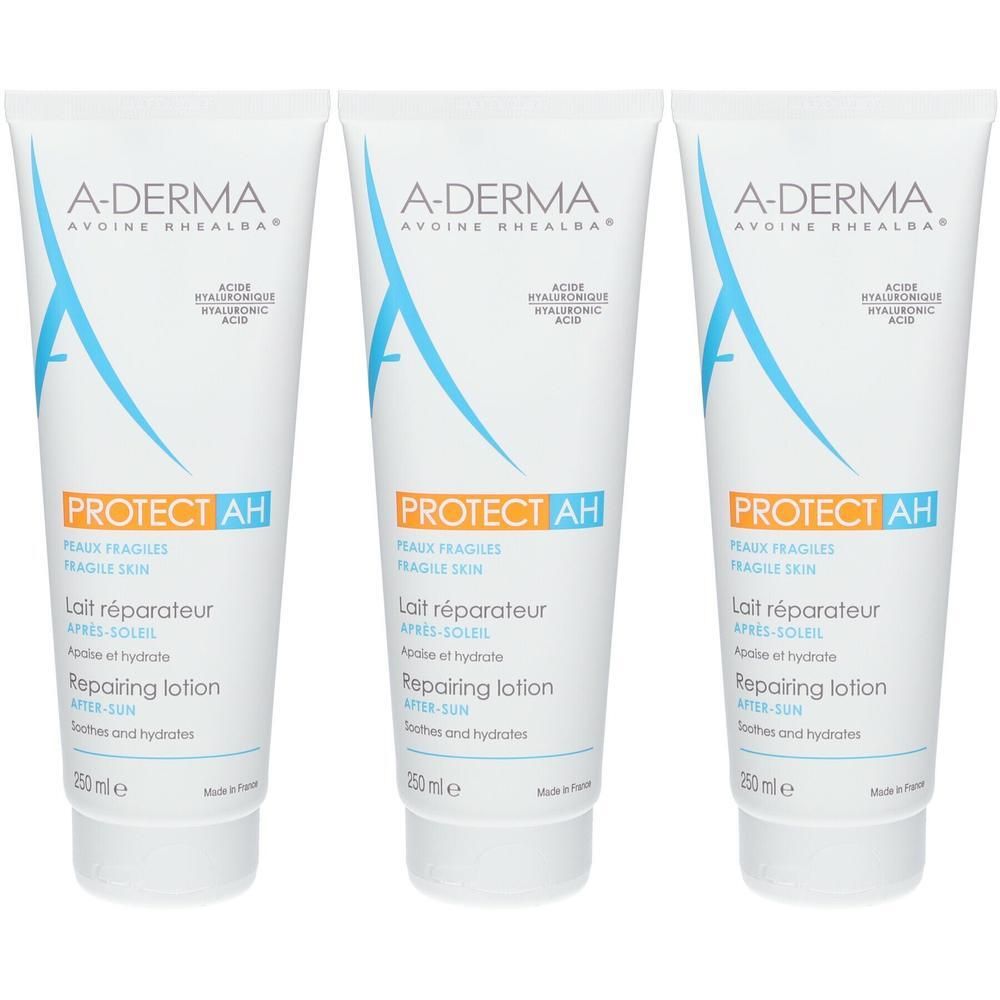 Trois tubes de A-DERMA Protect AH Lait Réparateur Après-Soleil. Tubes blancs avec texte bleu et orange. Inscription en français.