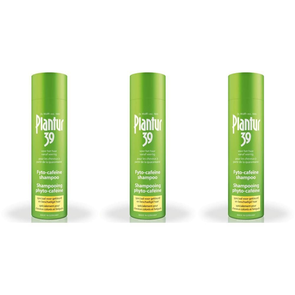 Drie groene flessen shampoo. Op elke fles staat Plantur 39 en de aanduiding Fyto-cafeine shampoo.