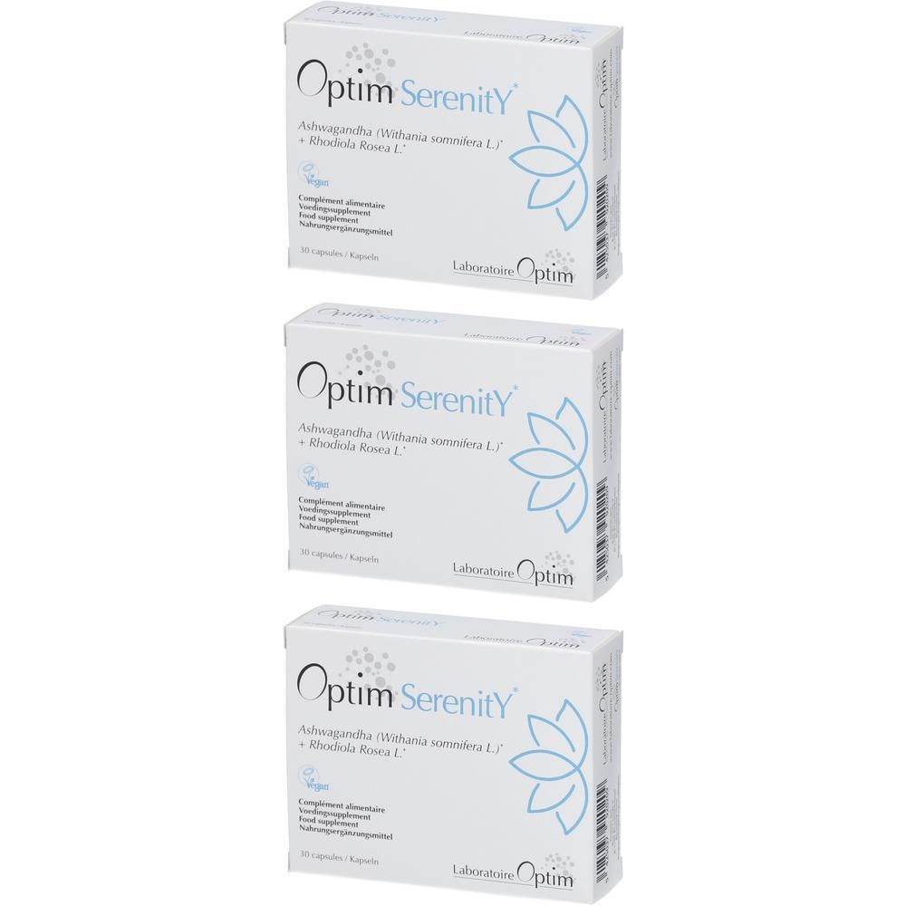 Drie witte dozen met de tekst "Optim Serenity". Elke doos toont een logo en productinformatie.