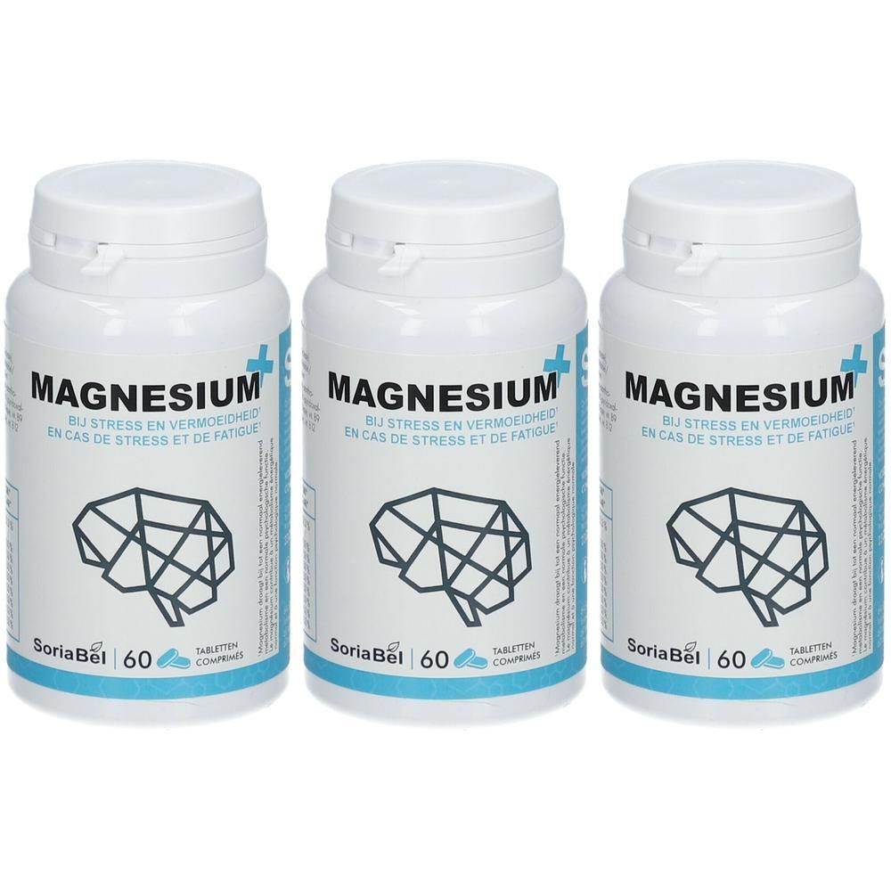 Drie witte flessen met de tekst "Magnesium+". Elke fles heeft een hersensymbool. Opschrift: SoriaBel 60 tabletten.