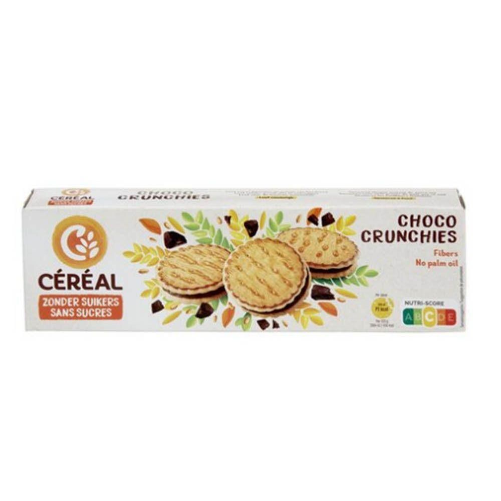 Boîte de Céréal Choco Crunchies. Biscuits ronds fourrés au chocolat. Inscription : Zonder Suikers, Sans Sucres.
