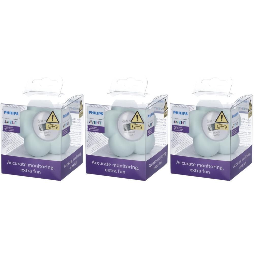 Drie verpakte Philips Avent badthermometers, mintgroen. Elke thermometer heeft een bloemvorm en is verpakt in een transparante doos.