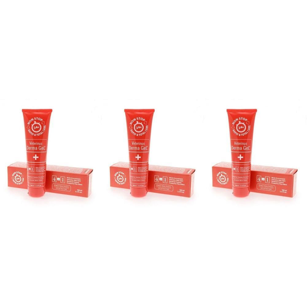 Drie tubes Veterinus Derma Gel® met bijbehorende verpakkingen. Rode tubes en dozen met witte tekst en logo.