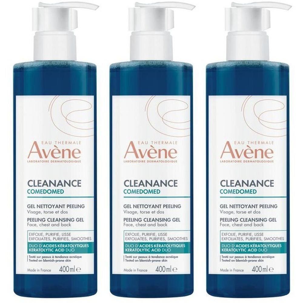 Drie flessen Avene Cleanance Comedomed peeling gel. Blauwe vloeistof, witte pomp. 400ml.