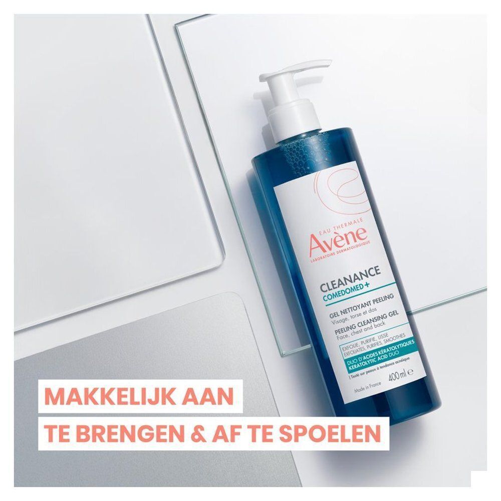 Avene Cleanance Comedomed peeling gel fles. Op witte achtergrond. Tekst: Makkelijk aan te brengen & af te spoelen.