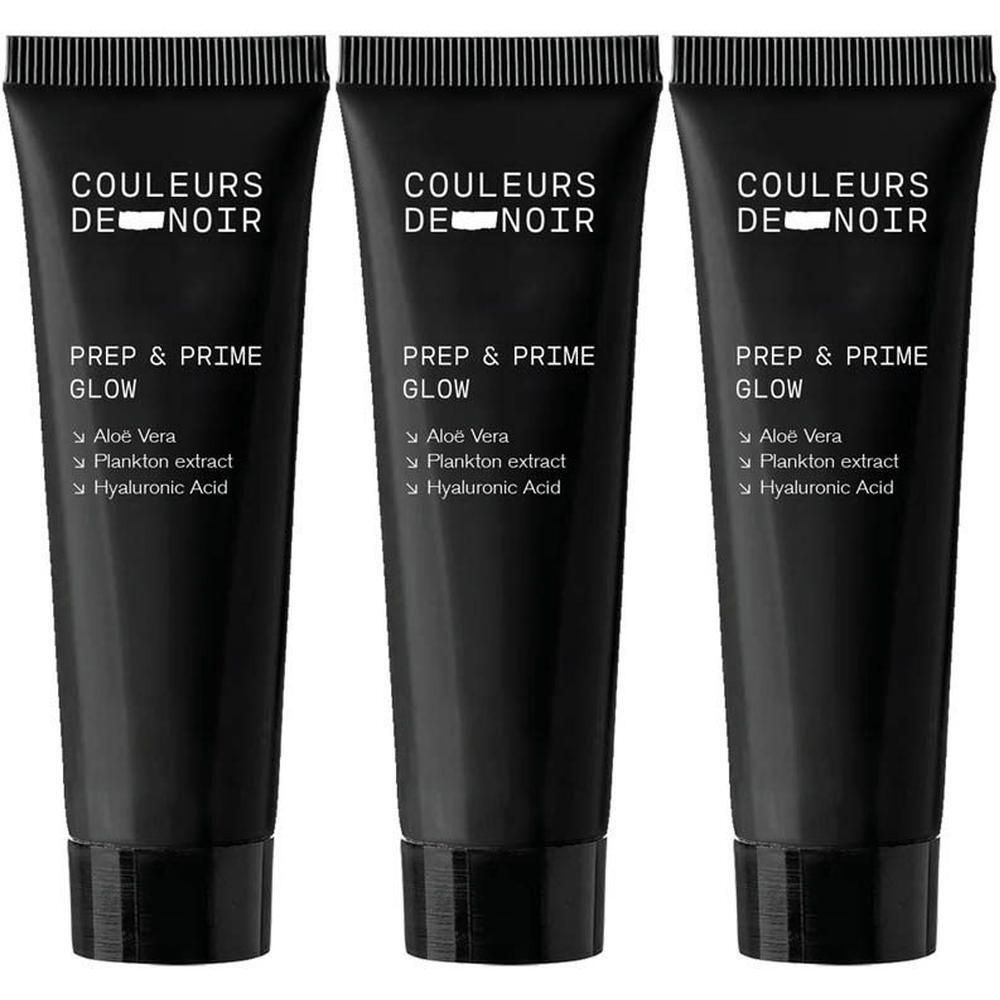 Trois tubes noirs avec texte: Couleurs de Noir, Prep & Prime Glow. Ingrédients: Aloe Vera, extrait de plancton, acide hyaluronique.
