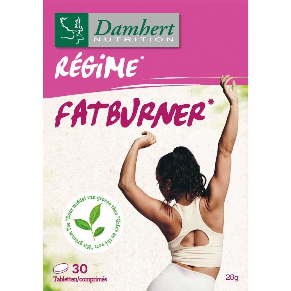 Verpakking met "Régime Fatburner". Bevat 30 tabletten. Afbeelding van een vrouw. Merk Damhert Nutrition zichtbaar.