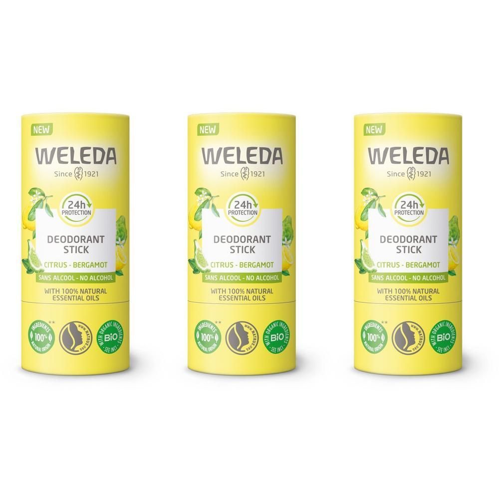Drie cilindrische deodorant sticks. Gele verpakking met productinformatie en logo. Opschrift: WELEDA, Deodorant Stick Citrus Bergamote.