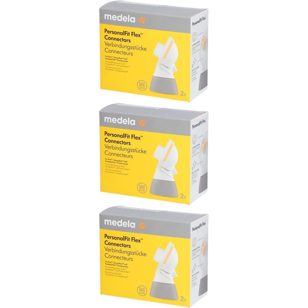 Trois boîtes de connecteurs PersonalFit Flex. Emballage jaune et gris avec image du produit et logo Medela.