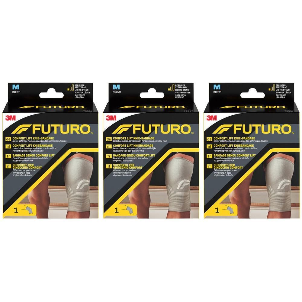 Trois boîtes de bandage de genou FUTURO™ Comfort Lift, taille M. Emballage noir avec image du produit et logo.