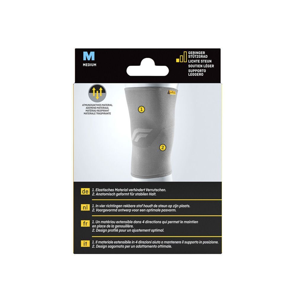 Achterkant van de verpakking van de FUTURO™ Comfort Lift kniebandage. Productkenmerken in het Duits, Nederlands, Frans en Italiaans.