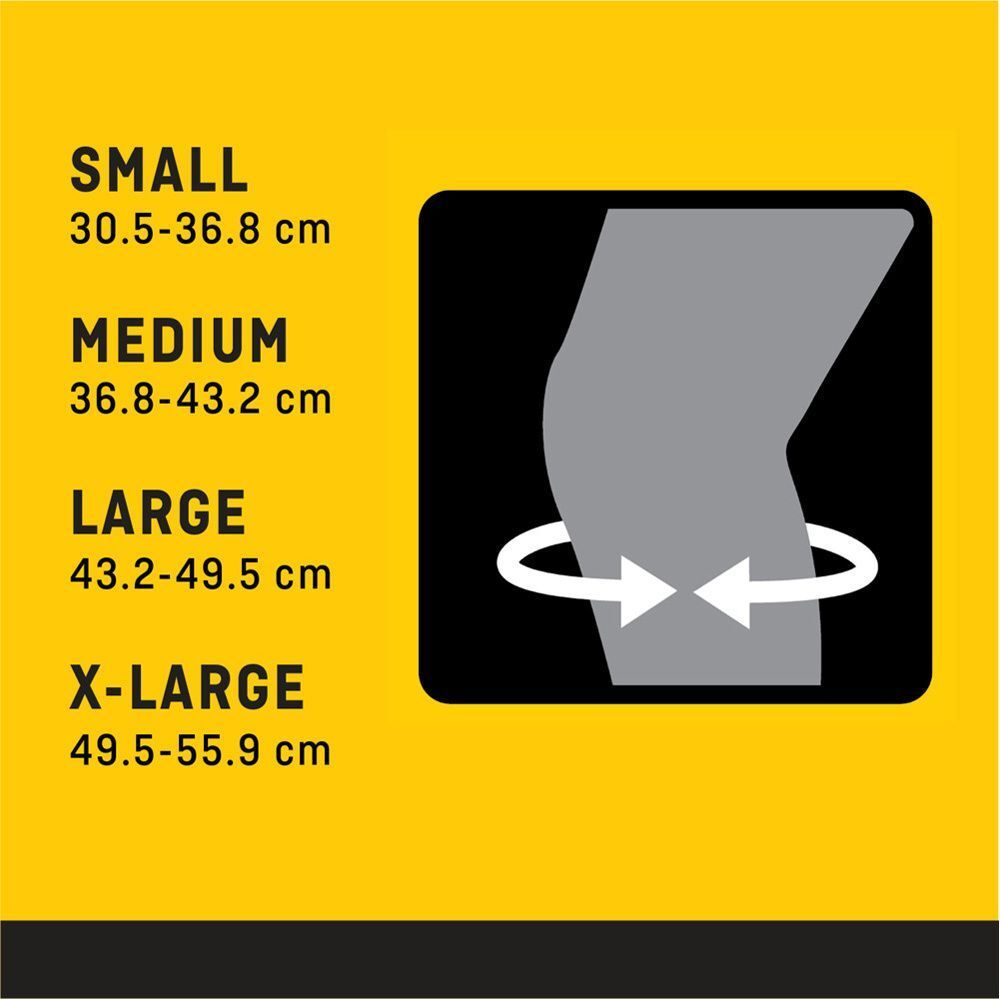 Maattabel voor FUTURO™ Comfort Lift kniebandage. Maten: Small, Medium, Large, X-Large. Illustratie van de knie.