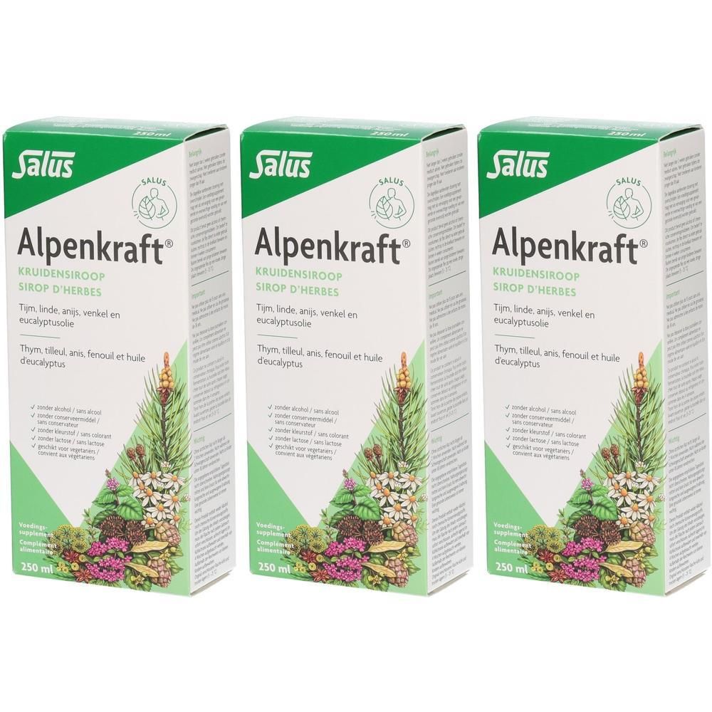 Trois boîtes Salus Alpenkraft. Emballage vert et blanc avec illustrations de plantes. Texte : Alpenkraft, sirop d'herbes.
