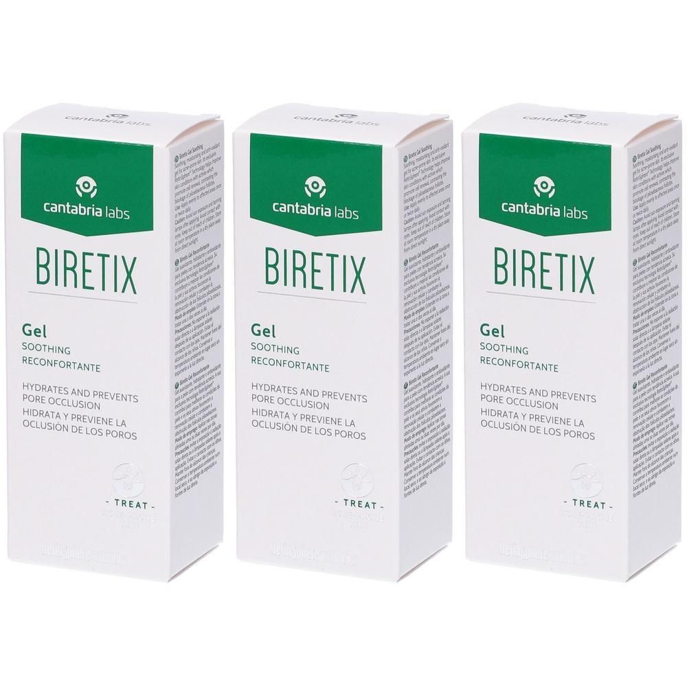 Drie witte dozen met groene bovenkant. Opschrift: BIRETIX Gel, verzachtend, hydrateert en voorkomt porie-occlusie.