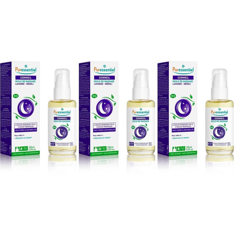 Meerdere flessen en verpakkingen. Opschrift: Puressentiel, Sommeil, Huile de Massage Lavande-Néroli. Met maan- en sterrensymbool.