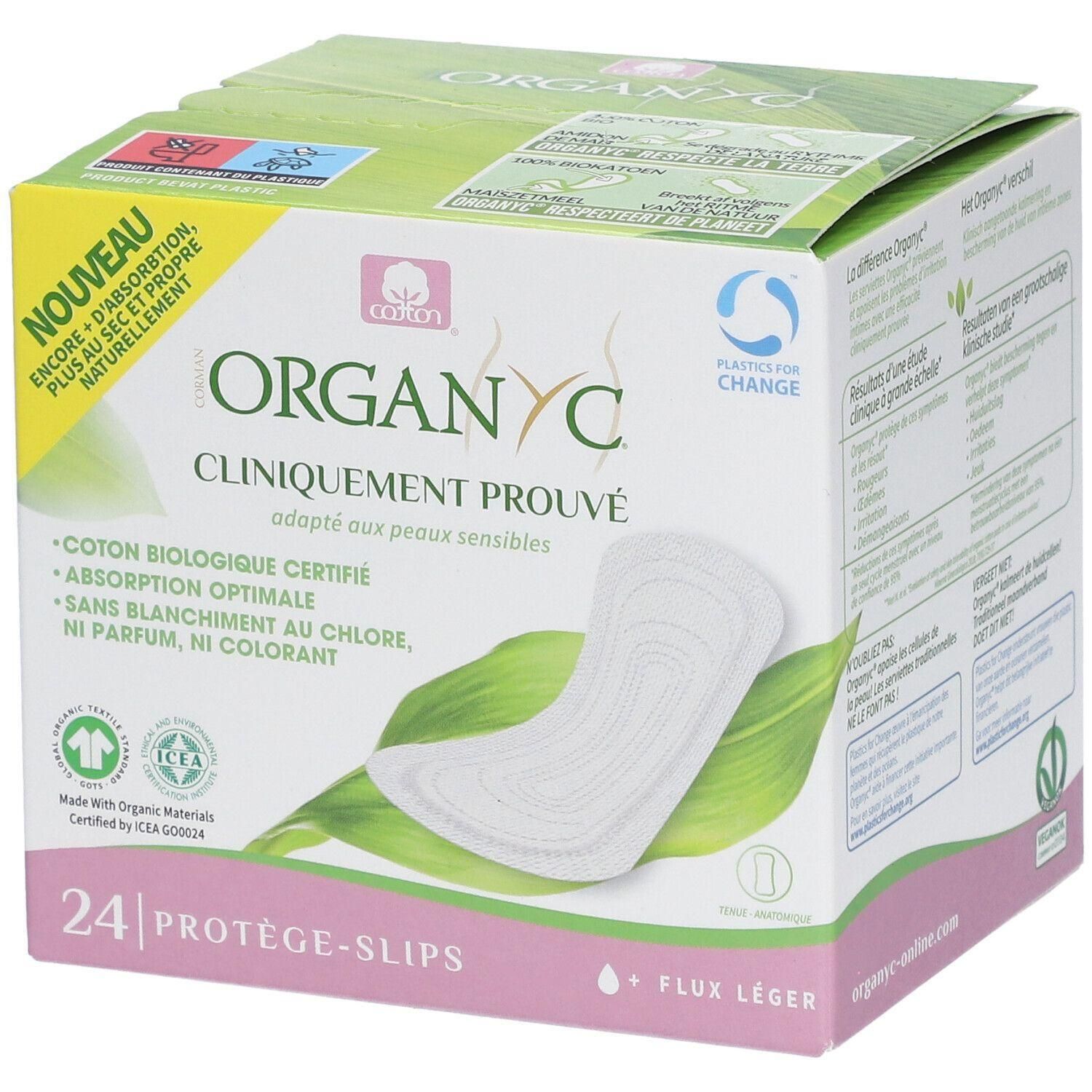 Doos met 24 inlegkruisjes. Opschrift: ORGAN YC, klinisch bewezen, voor gevoelige huid. Biologisch katoen, optimale absorptie.
