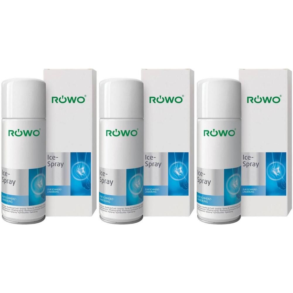 Drie witte spuitbussen met groene opdruk 'ROWO' en 'Ice-Spray' en bijbehorende verpakkingen.