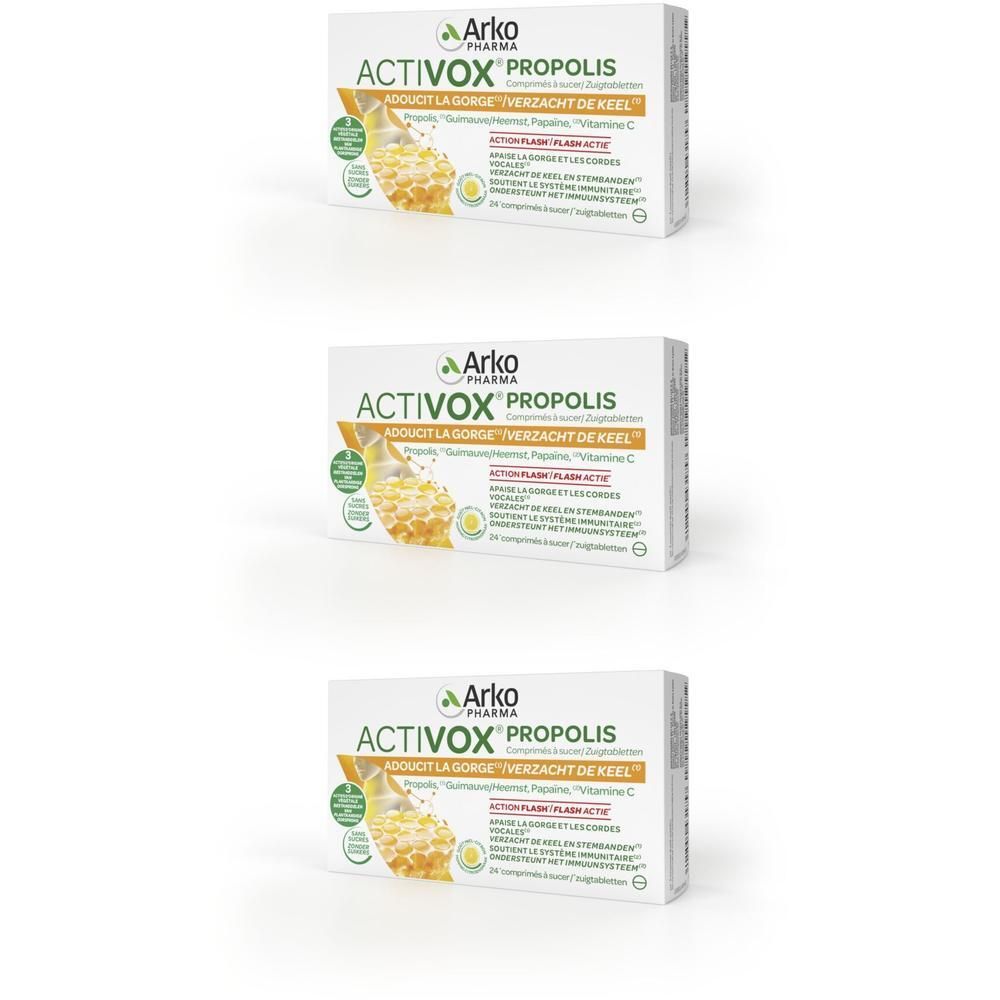 Trois boîtes ACTIVOX PROPOLIS. Inscription: Arko Pharma, adoucit la gorge, vitamine C. Design vert et jaune.