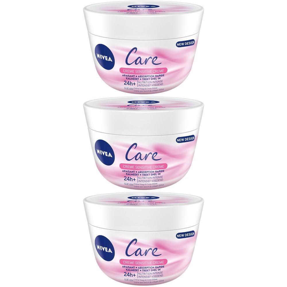 Trois pots blancs de crème Nivea Care Sensitive. Étiquette rose avec inscription Care et 24h+. Couvercle avec logo bleu et texte.