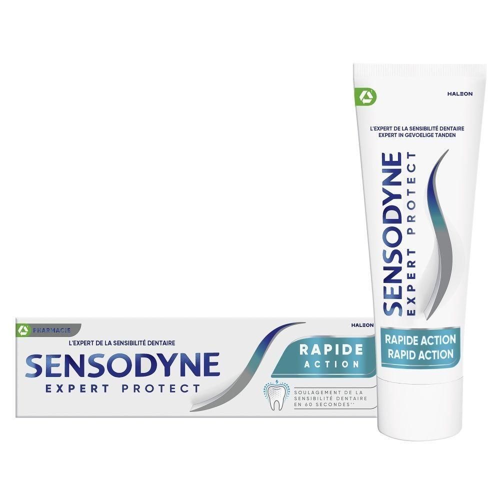 Tube et boîte de dentifrice Sensodyne Expert Protect Rapide Action. Logo de recyclage vert et blanc.