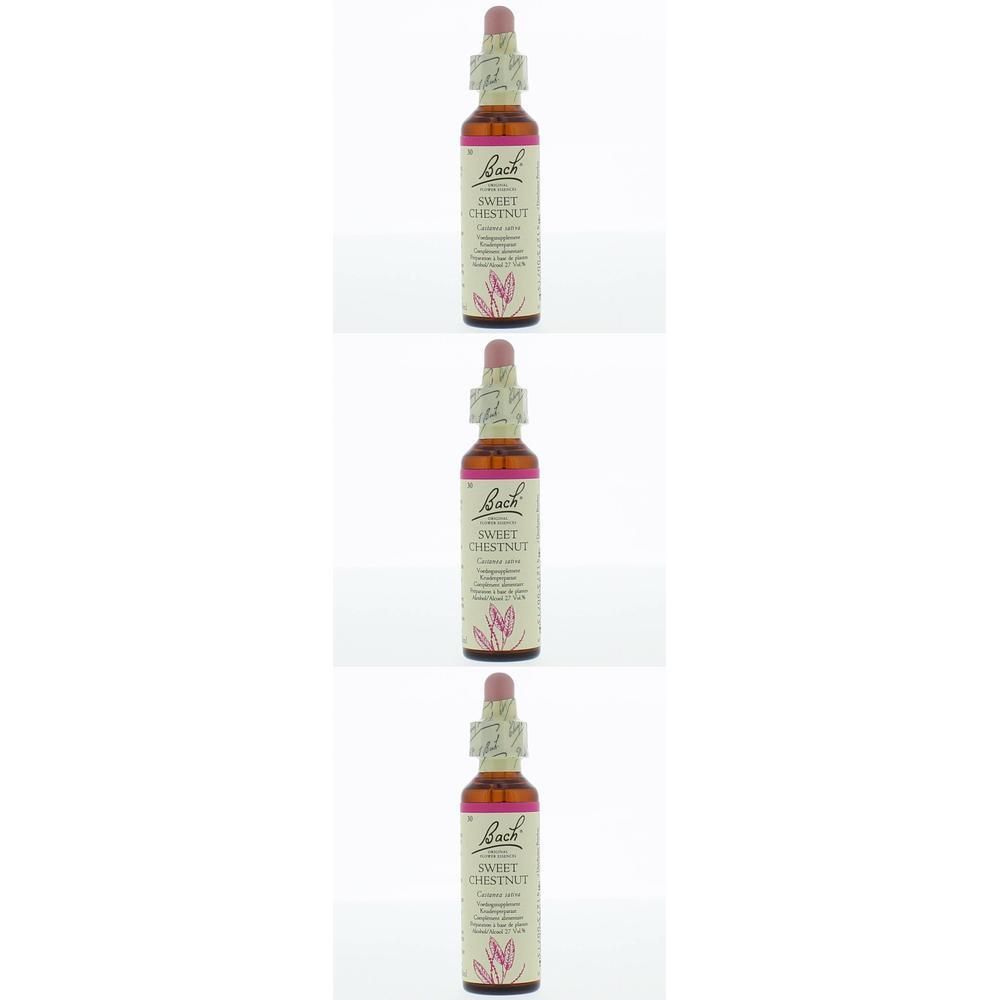 Trois flacons avec bouchon rose et étiquette. Inscription : Bach Sweet Chestnut. Liquide brun visible.