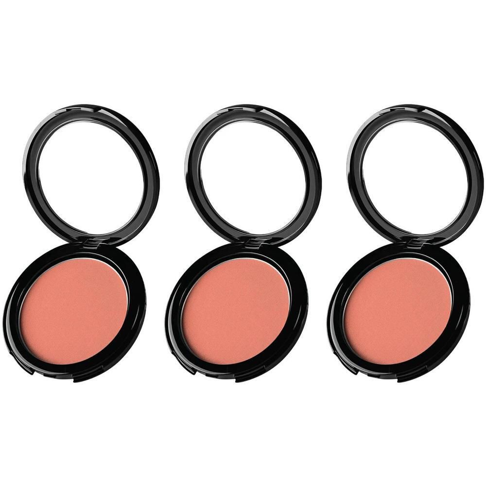 Trois blushs compacts ronds ouverts avec miroirs. Contour noir, contenu rose. Vue de dessus.