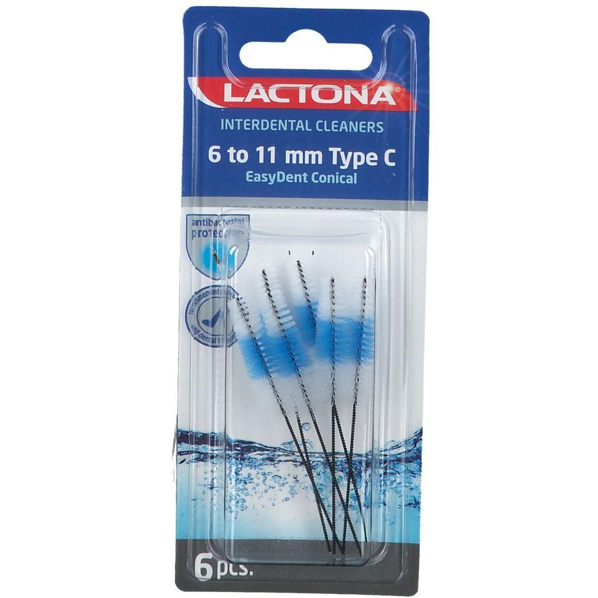 Emballage de 6 cure-dents interdentaires. Soies bleues, tiges noires. Marque Lactona, type C, 6 à 11 mm.