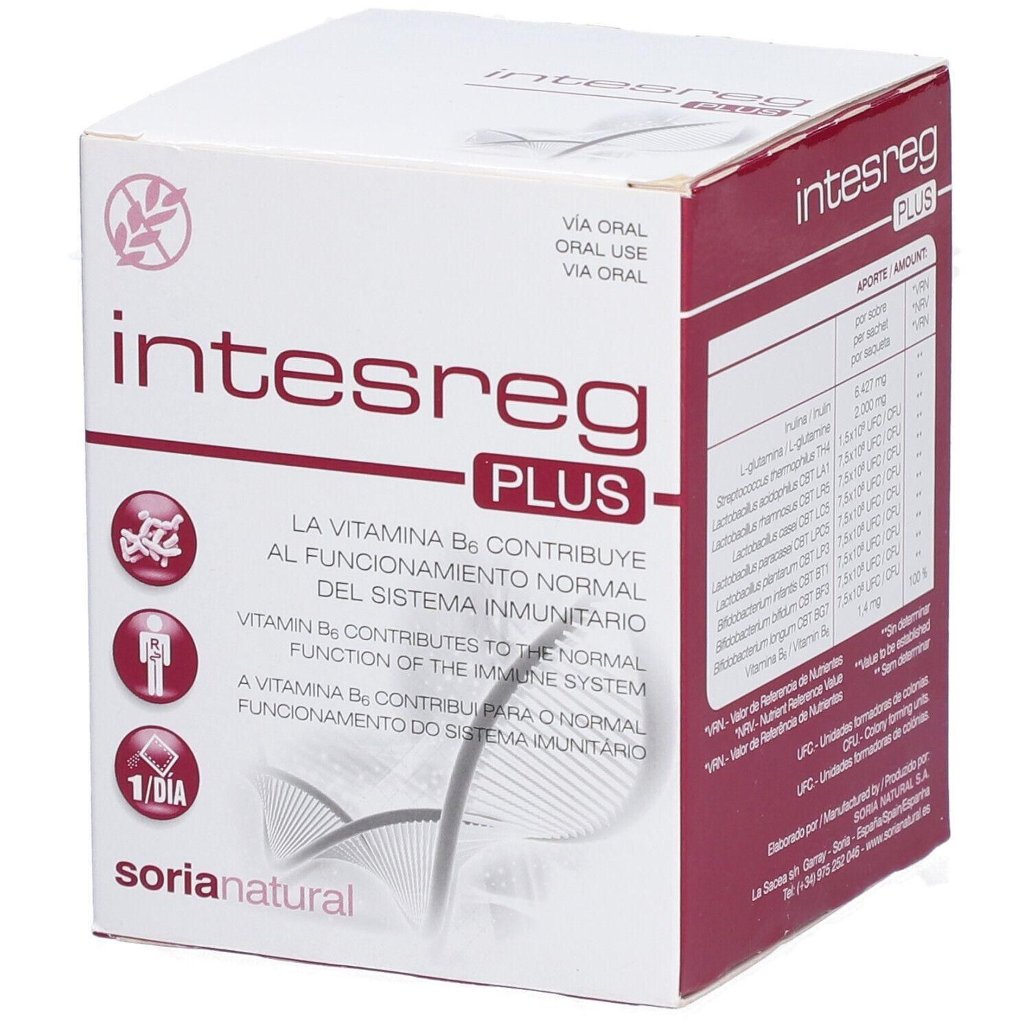Boîte de Intesreg Plus. Inscription: Intesreg Plus, Soria Natural. Contient des informations sur la vitamine B6 et le système immunitaire.