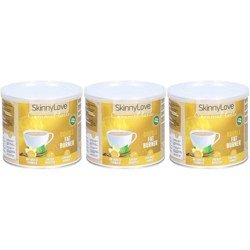 Drie blikken met witte deksels. Opschrift SkinnyLove Caramel Latte, Double Fat Burner. Afbeelding van een kopje met citroen.