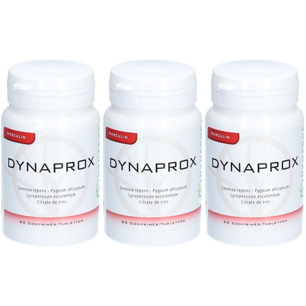 Drie witte flessen met de productnaam DYNAPROX. Op elke fles staat "Masculin" en ingrediënten. 60 tabletten.