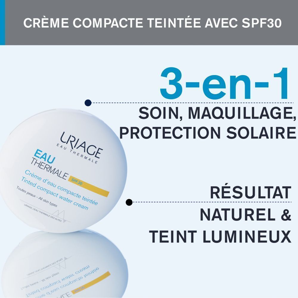 Produit avec texte: Crème compacte teintée avec SPF30. 3-en-1: Soin, Maquillage, Protection solaire. Résultat naturel & teint lumineux.