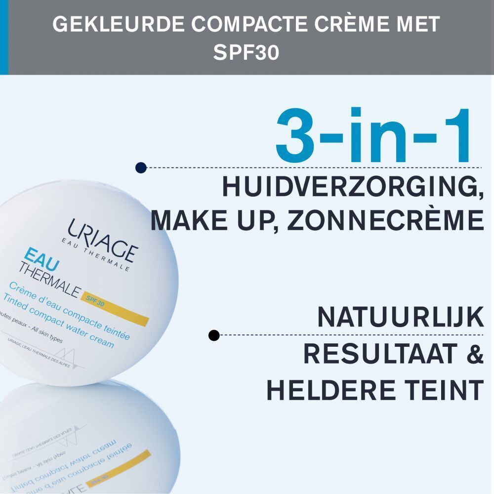 Product met tekst: Gekleurde compacte crème met SPF30. 3-in-1: Huidverzorging, Make-up, Zonnecrème. Natuurlijk resultaat & heldere teint.