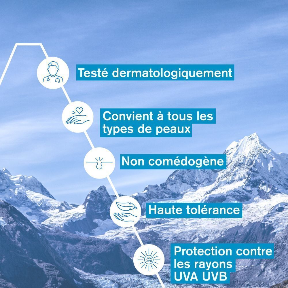 Texte: Testé dermatologiquement, Convient à tous les types de peaux, Non comédogène, Haute tolérance, Protection contre les rayons UVA UVB.