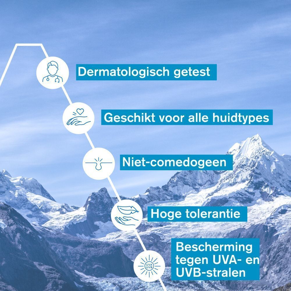 Tekst: Dermatologisch getest, Geschikt voor alle huidtypes, Niet-comedogeen, Hoge tolerantie, Bescherming tegen UVA- en UVB-stralen.