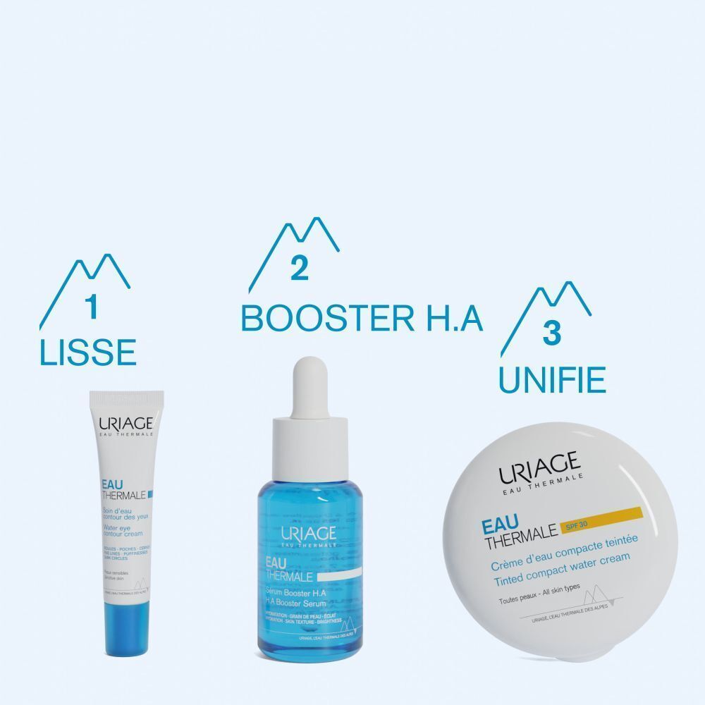 Trois produits: Contour des yeux, Sérum, Crème compacte. Logo de la marque Uriage.