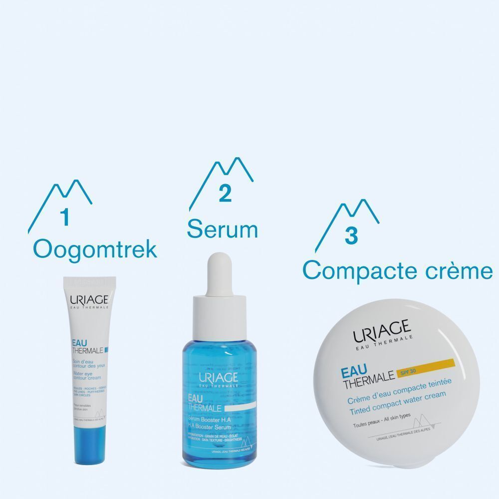 Drie producten: Oogomtrek, Serum, Compacte crème. Uriage-merklogo.
