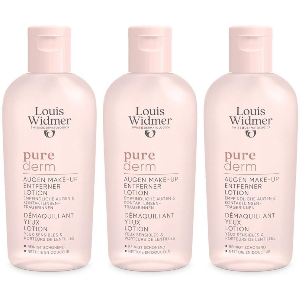 Trois flacons de lotion démaquillante pour les yeux Louis Widmer purederm. Flacons roses avec étiquette blanche. Texte: Démaquillant yeux.