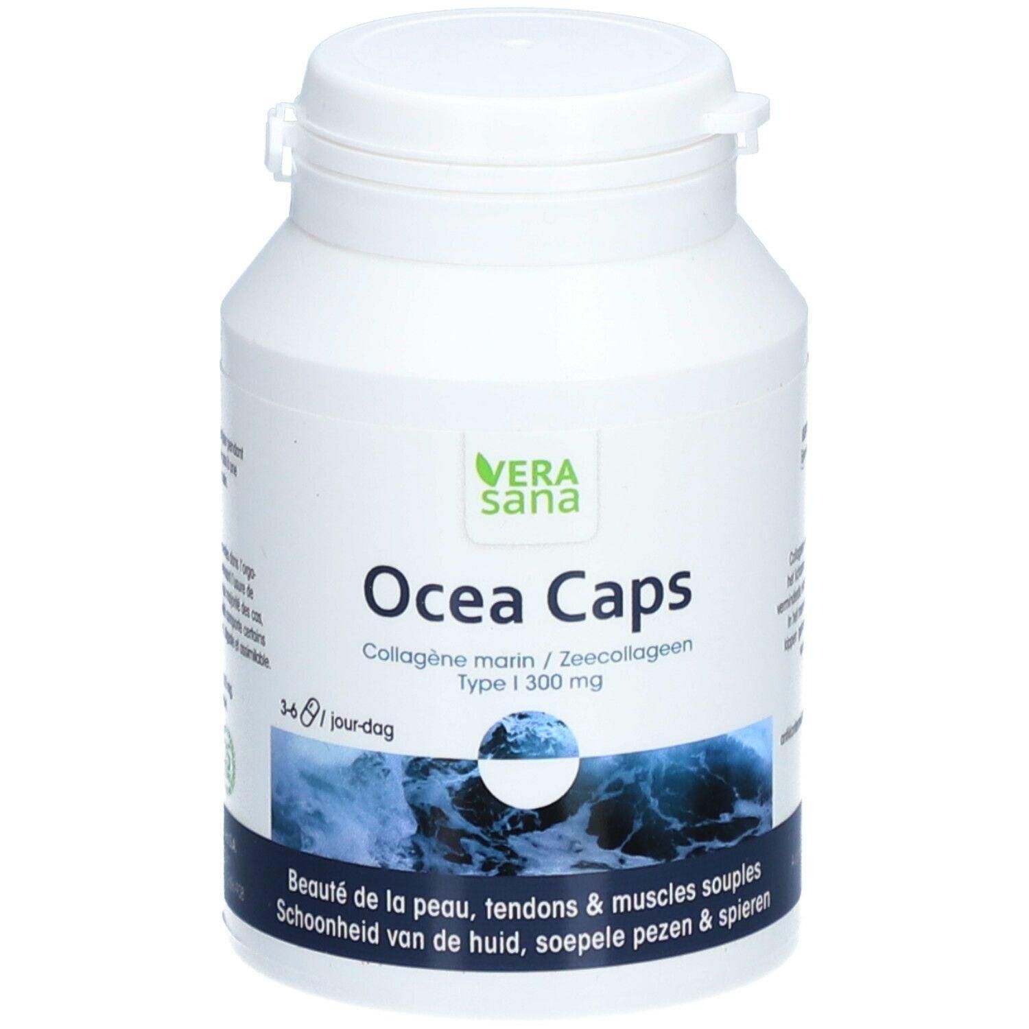 Flacon blanc avec bouchon à vis. Inscription: Vera Sana Ocea Caps. Bande bleue avec motif de vagues et texte.