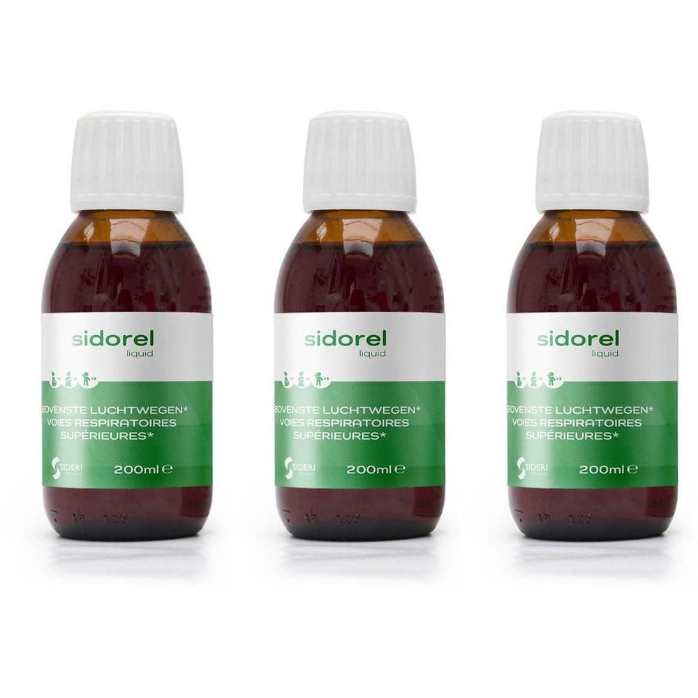 Drie flessen Sidorel Liquid. Bruine vloeistof in glazen flessen met witte doppen en etiketten.