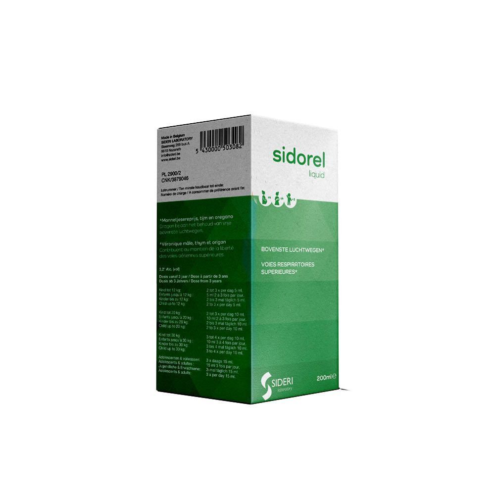 Verpakking van Sidorel Liquid. Groen-wit ontwerp met productnaam en informatie op de verpakking.