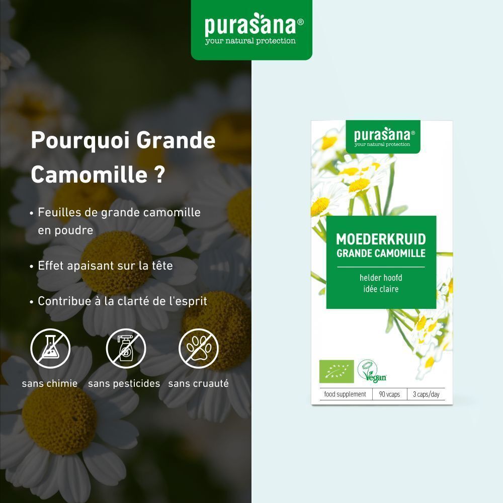 Petite boîte avec étiquette verte. Inscription: MOEDERKRUID GRANDE CAMOMILLE. Logo vegan. 90 gélules, 3 par jour. Fond: marguerites.