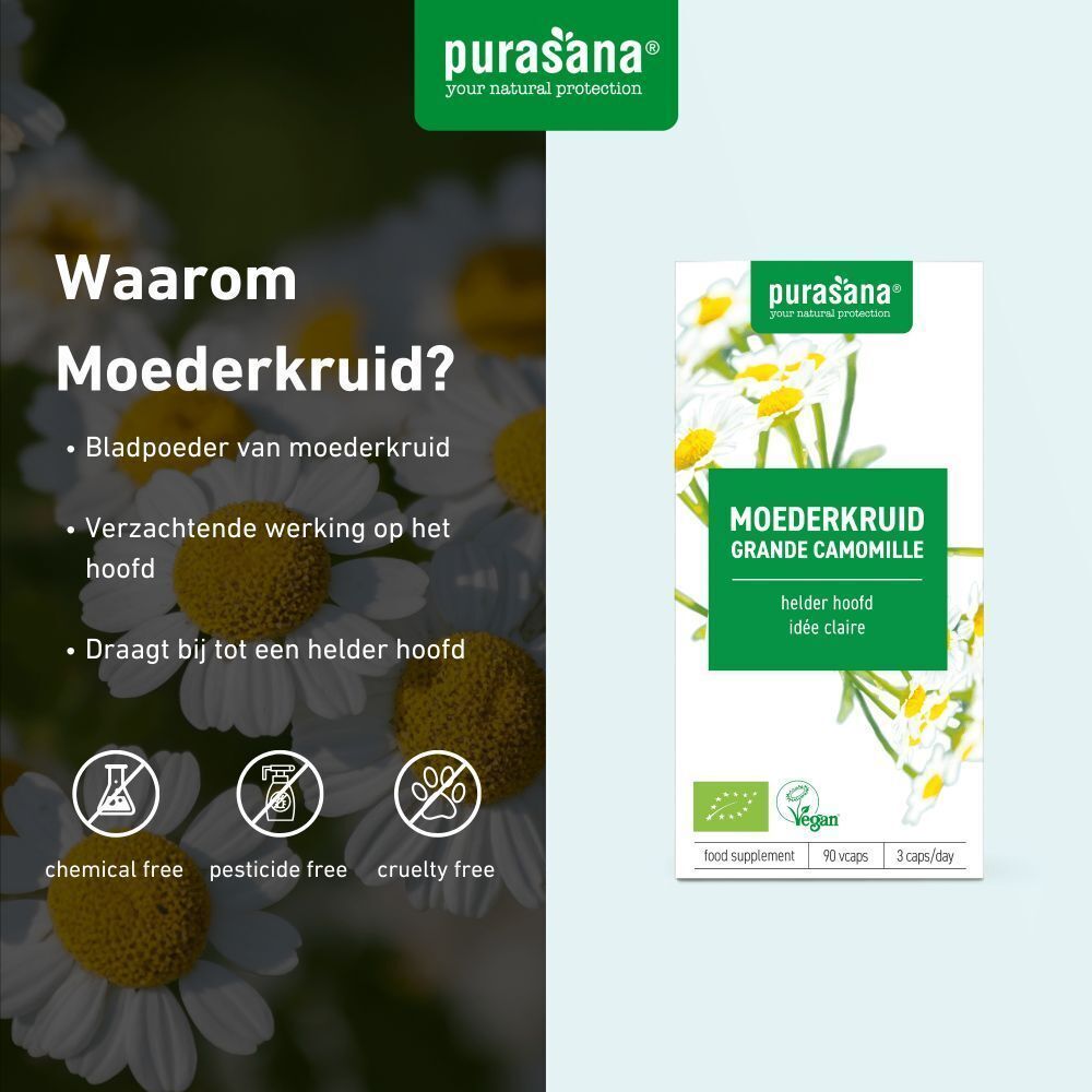 Kleine doos met groen etiket. Opschrift: MOEDERKRUID GRANDE CAMOMILLE. Vegan logo. 90 capsules, 3 per dag. Achtergrond: madeliefjes.