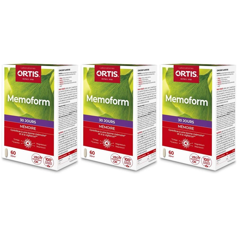 Trois boîtes Ortis® Memoform. Chaque boîte contient 60 gélules. Inscription : 30 jours mémoire. Avec logo et certifications.