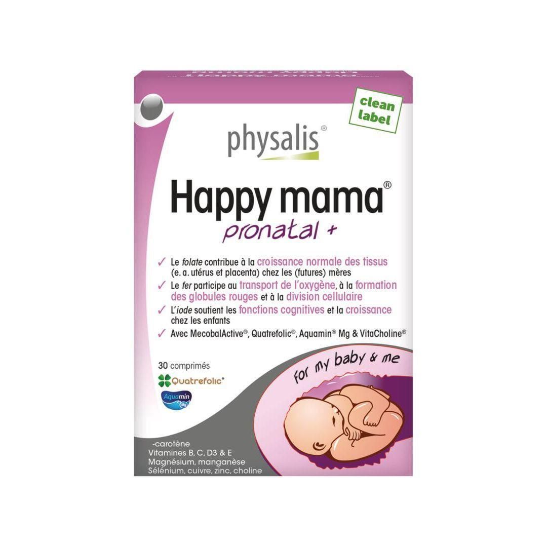 Boîte de Physalis Happy mama pronatal+. Boîte blanche avec nom du produit, ingrédients et symbole de bébé.