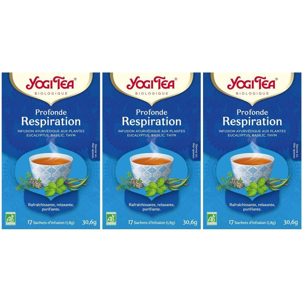 Trois boîtes de Yogi Tea® Breathe Deep. Emballage bleu avec logo et texte. 17 sachets, 30,6g.